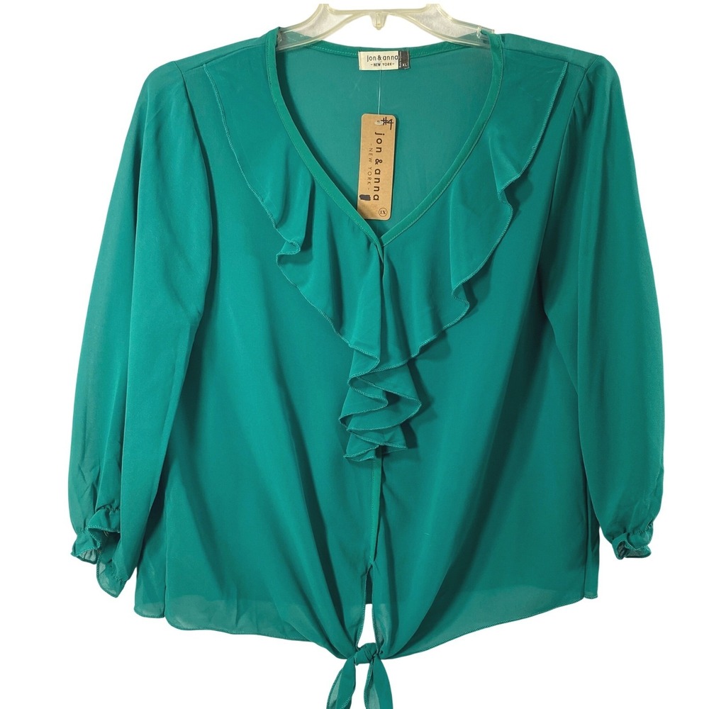 Jon &‎ Anna Top Womens XL Green Ruffle Tie Front Chiffon Dressy Blouse Office